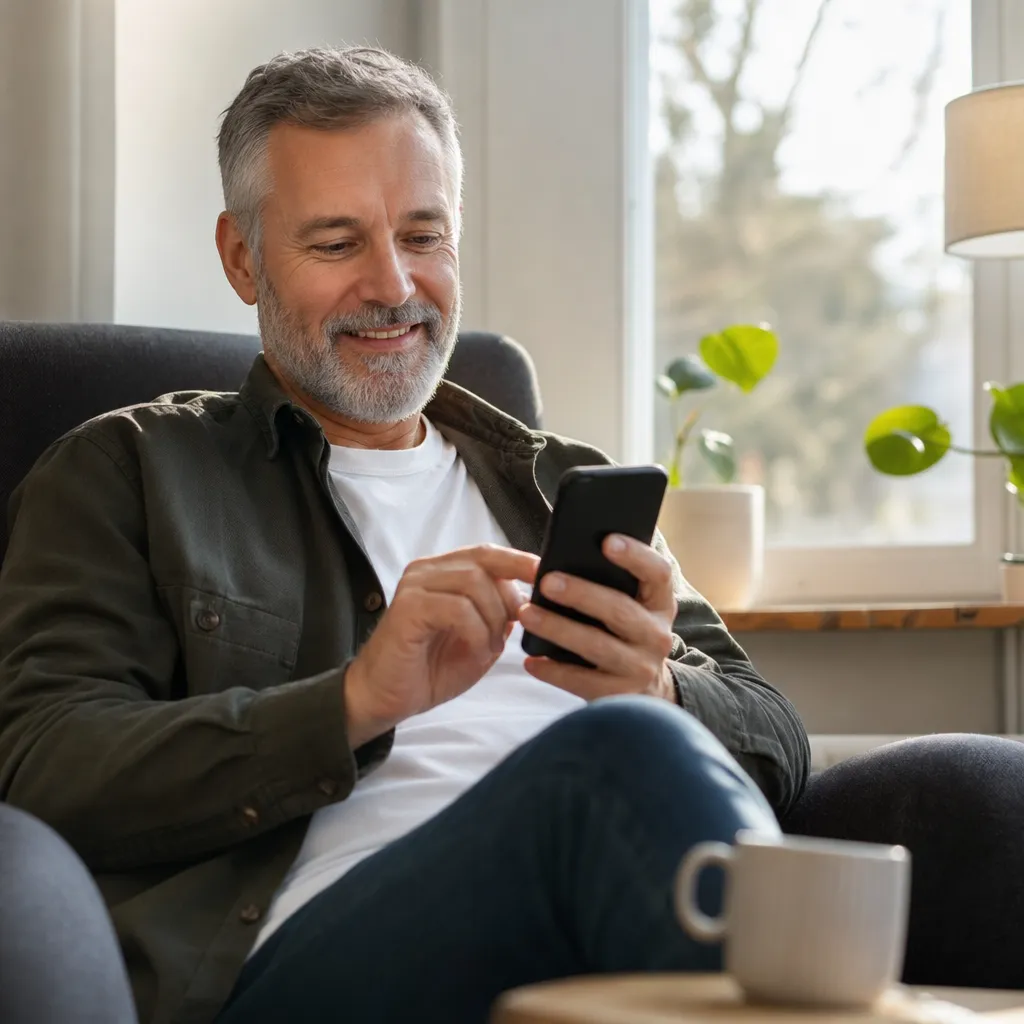 Person i 55-årsåldern som ler och håller en modern mobiltelefon