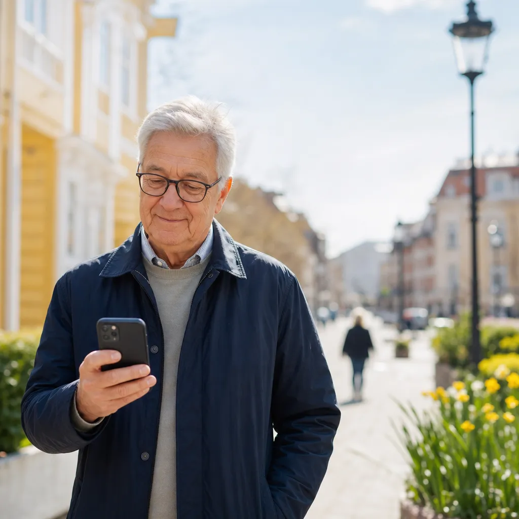 Senior använder en modern smartmobil med 5G i en ljus svensk stadsmiljö