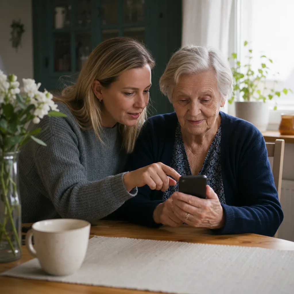 Vuxet barn hjälper äldre förälder med mobilabonnemang vid köksbordet
