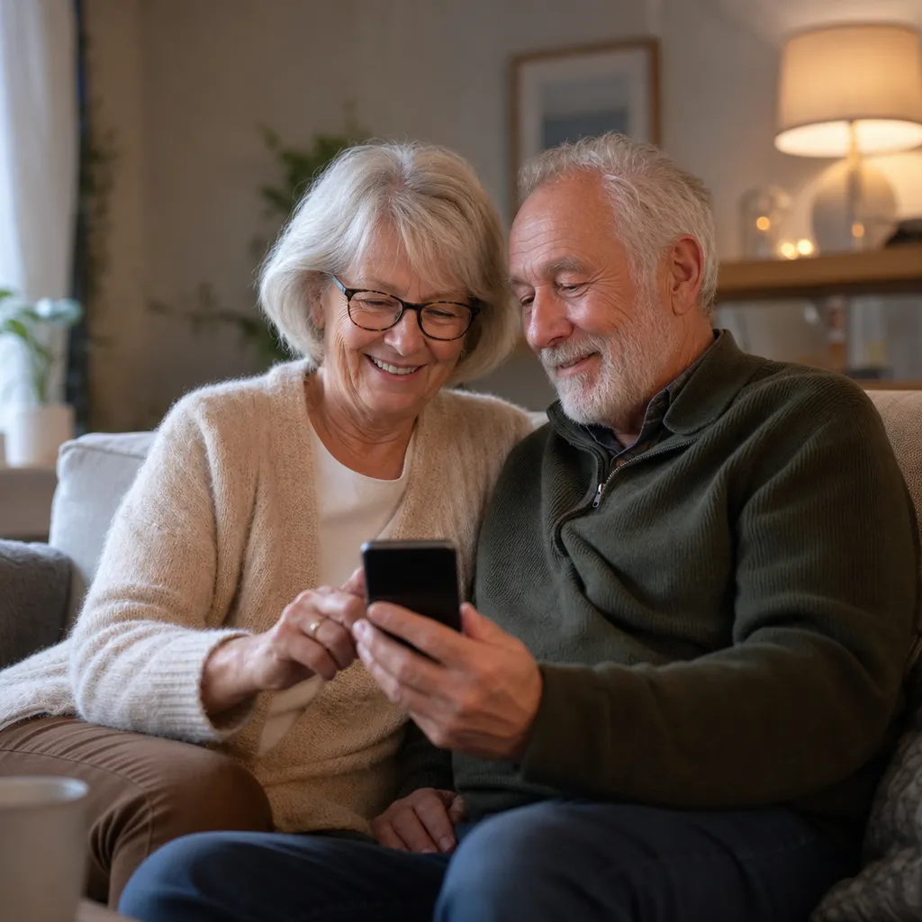 Ett äldre par tittar tillsammans på en mobiltelefon i soffan