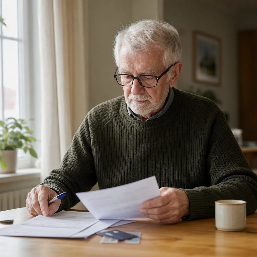 Pensionär som väljer betalsätt för sin mobilräkning med faktura och bankkort på bordet