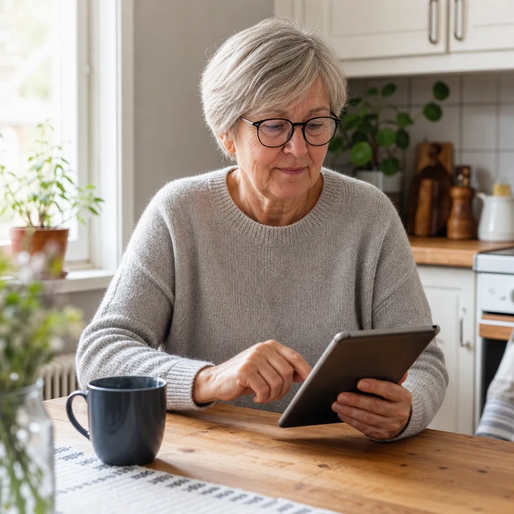 En svensk pensionär jämför mobilabonnemang lugnt vid köksbordet