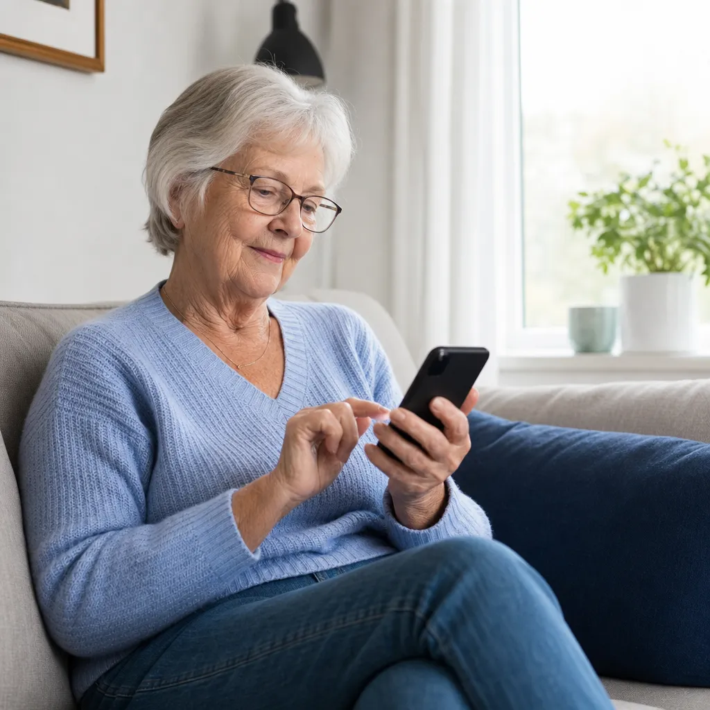 Senior som använder en lättanvänd smartphone med stor text