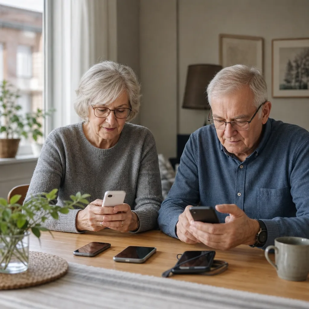 Äldre par i hemmet med varsin mobiltelefon, samlat hushåll