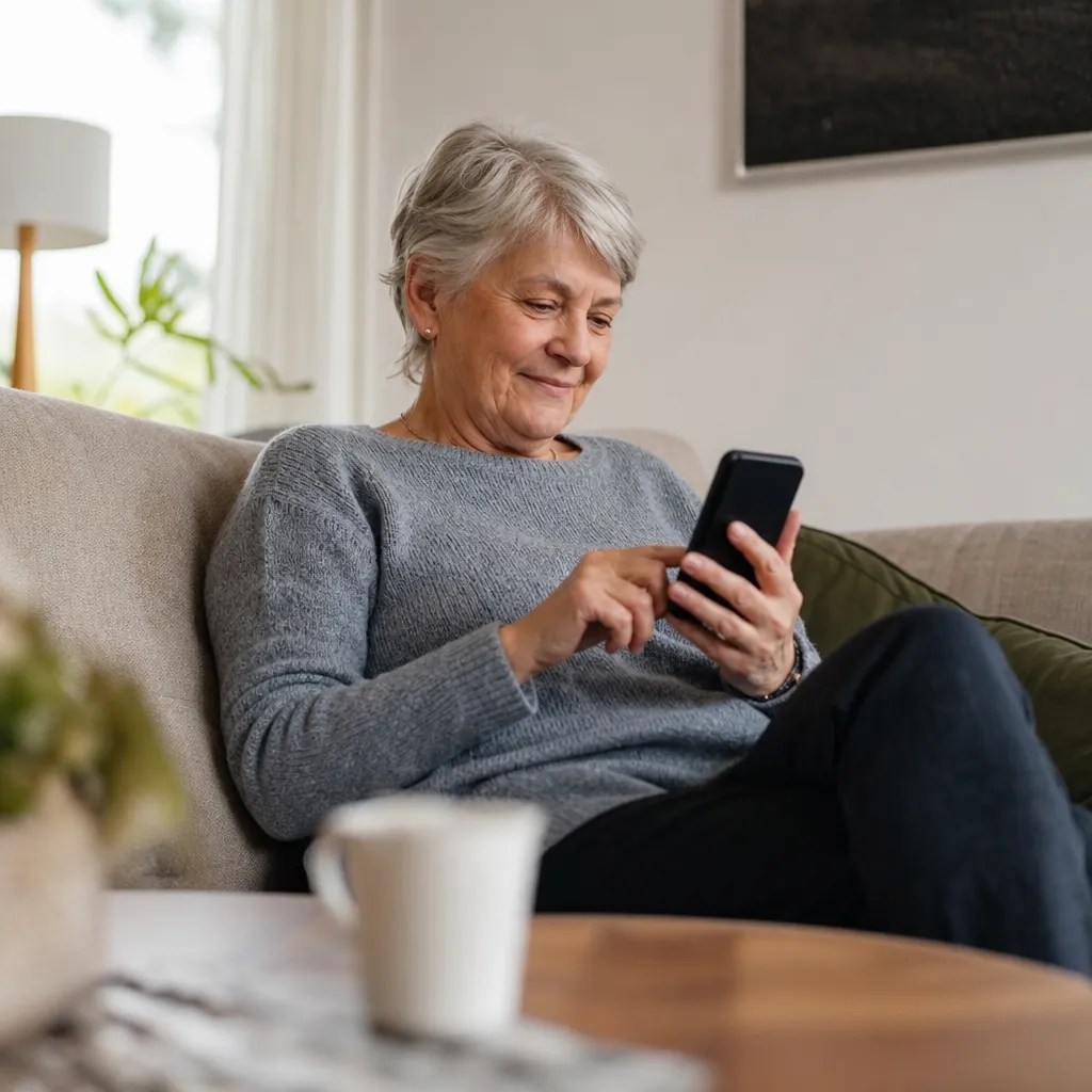 En pensionär surfar fritt och avslappnat på mobilen med fri surf