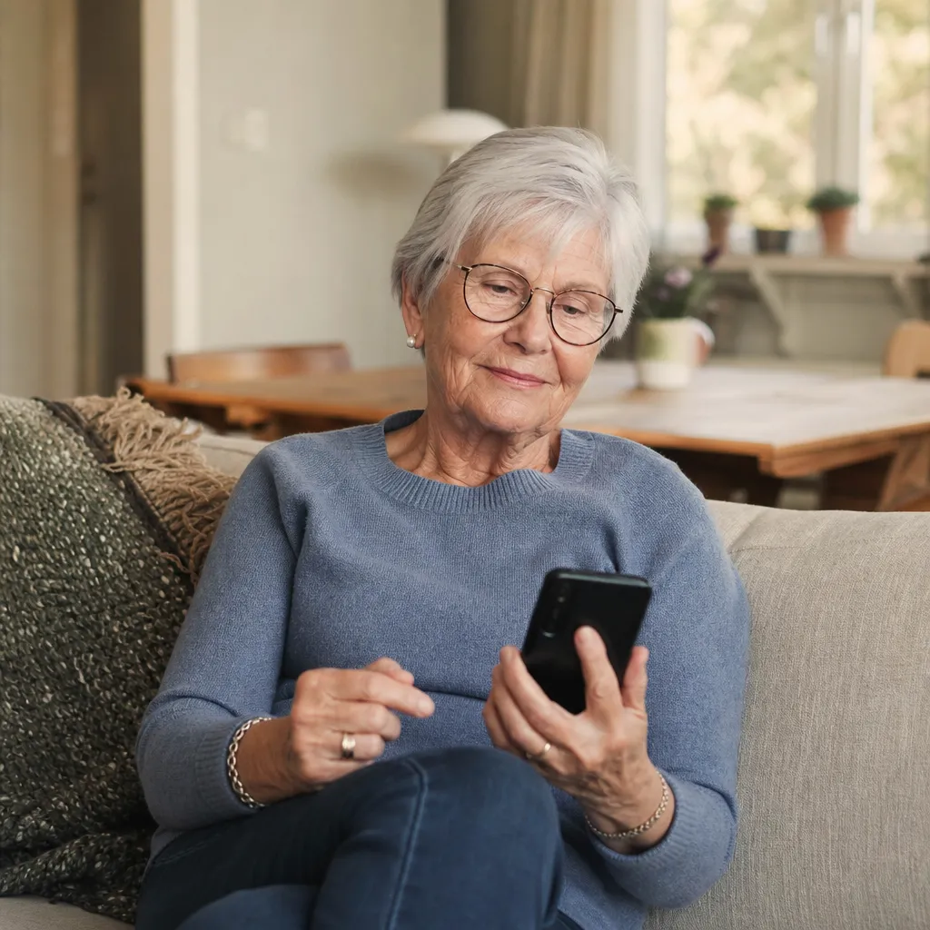 En senior använder mobilen till kartor, foton och videosamtal med barnbarnen