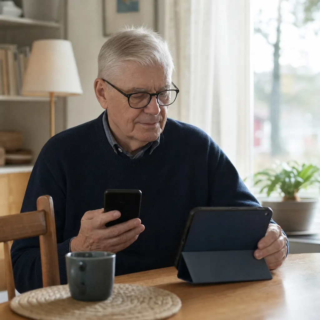 Pensionär som delar mobilens surf till en surfplatta via internetdelning