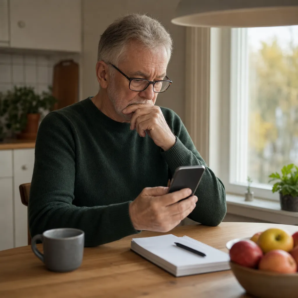Pensionär som jämför ett seniorabonnemang mot ett vanligt mobilabonnemang