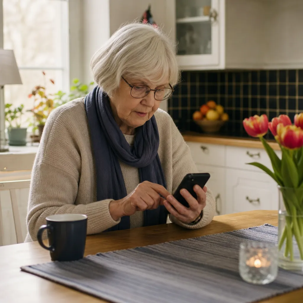 En pensionär laddar sitt kontantkort hemma vid köksbordet