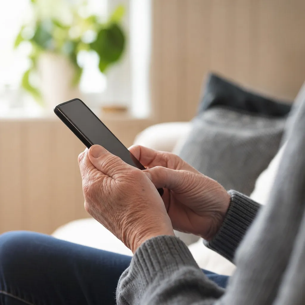 Äldre händer håller en ny smartphone i mjukt inomhusljus