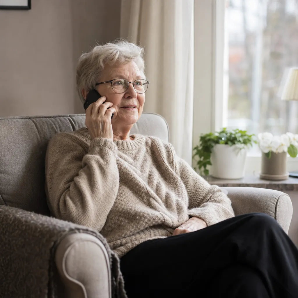 Äldre kvinna sitter lugnt i en fåtölj och pratar i mobiltelefon