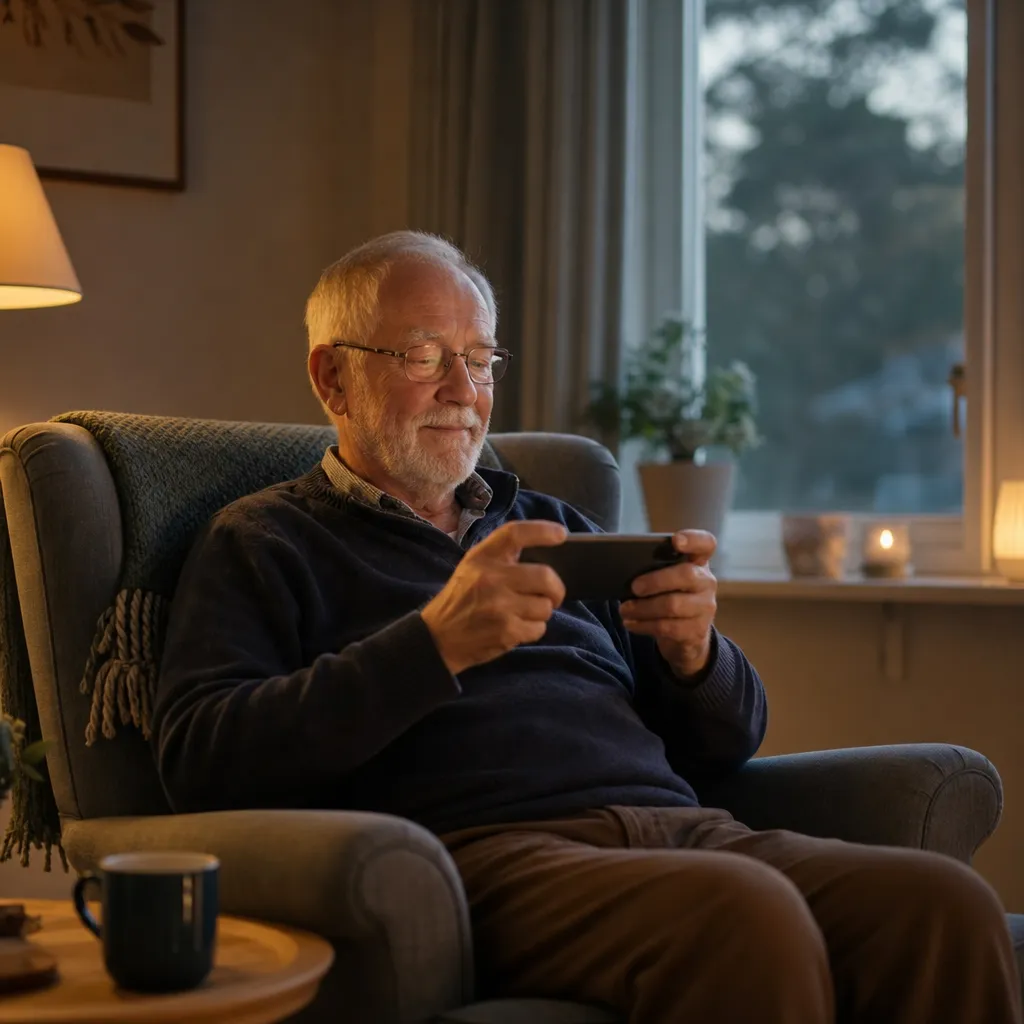 Pensionär ser avslappnat på film på mobilen i en fåtölj i mjukt kvällsljus