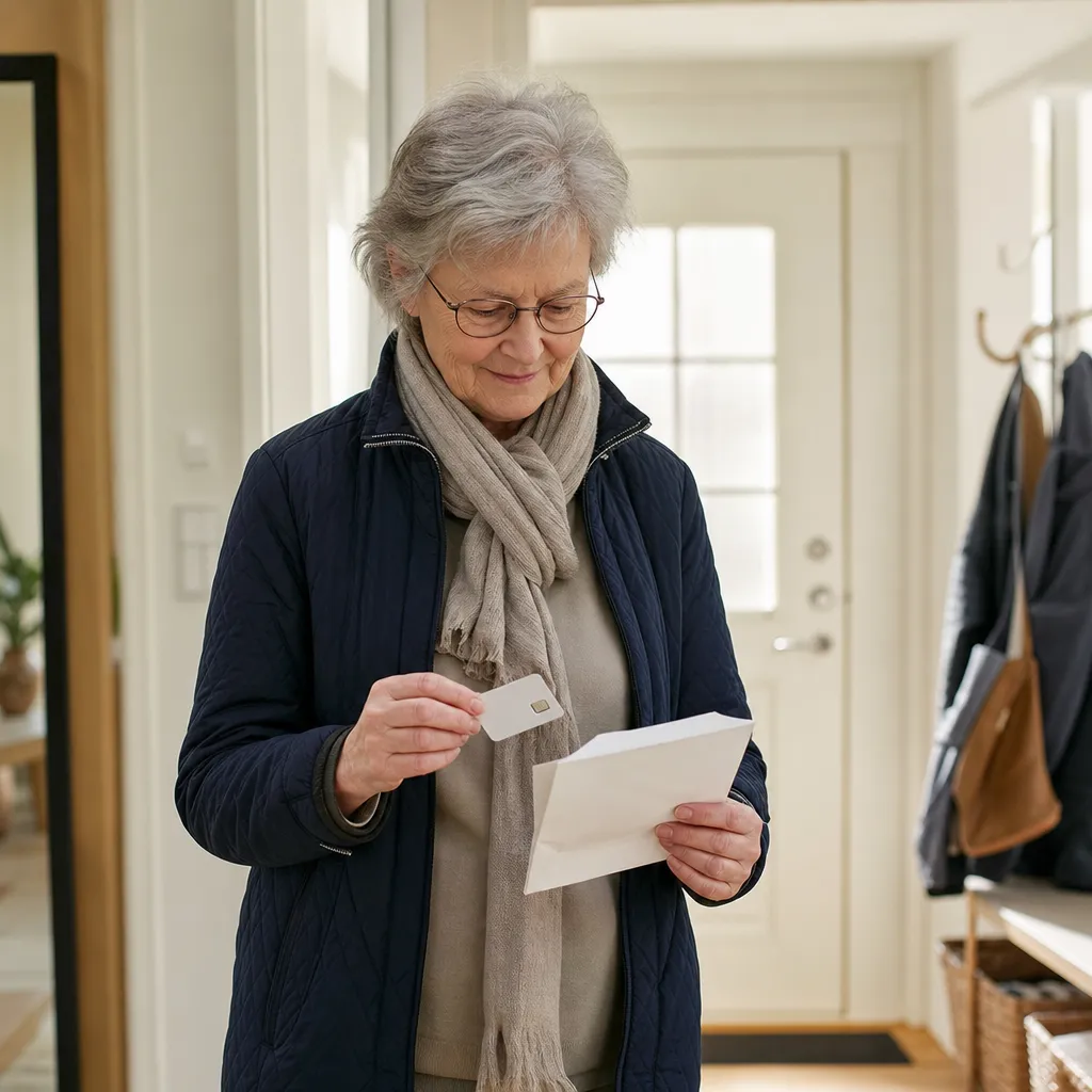 Senior person som öppnar ett kuvert med nytt SIM-kort hemma i hallen