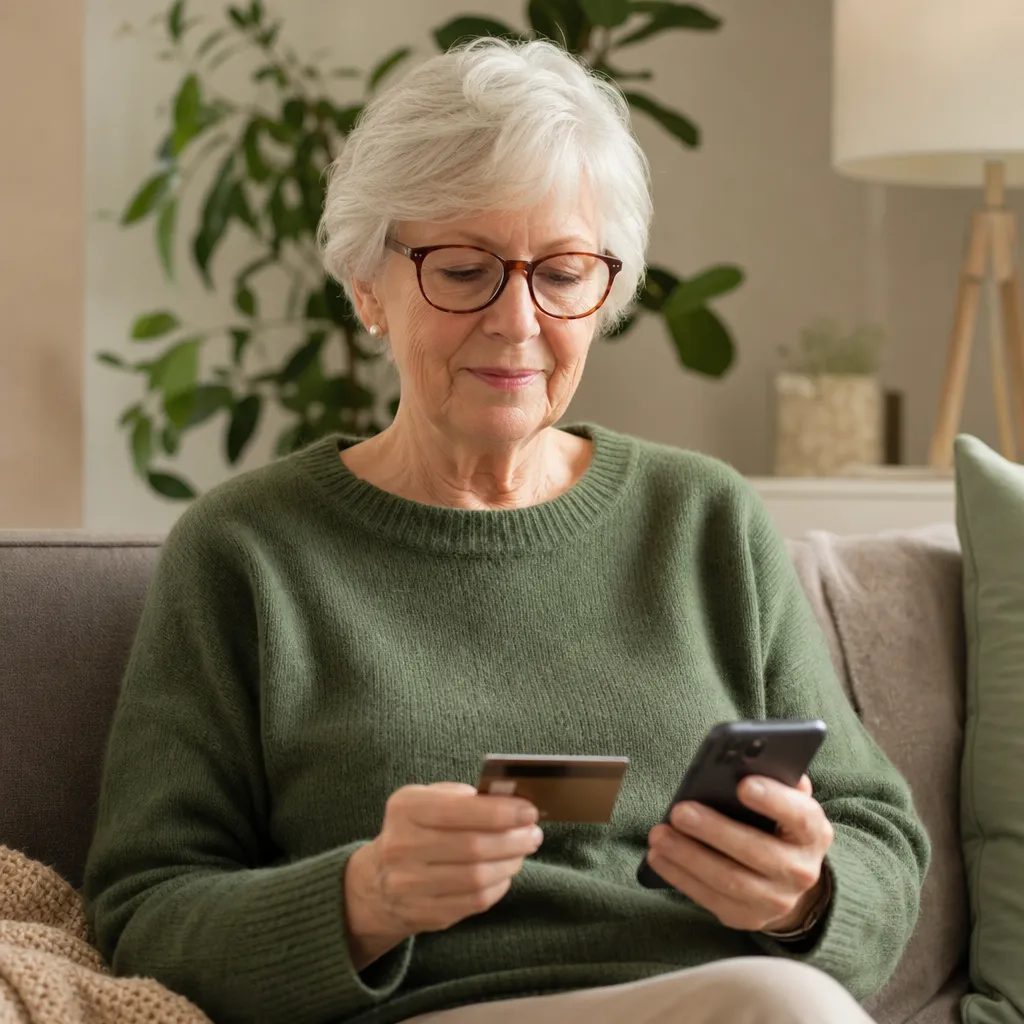 Senior kvinna betalar tryggt med bankkort vid mobilen i soffan