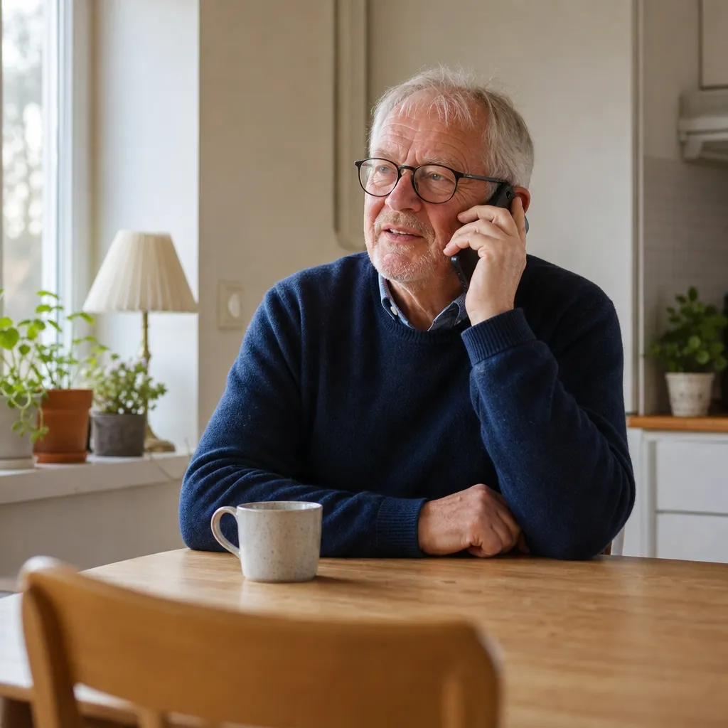 Äldre man pratar i mobiltelefon vid köksbordet i ett ljust hem