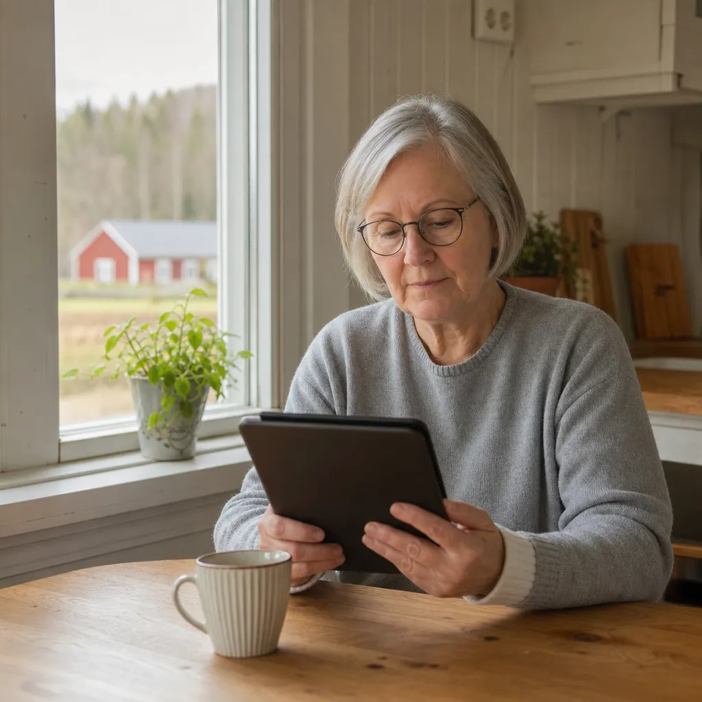 Pensionär över 65 vid köksbordet som läser sin mobilfaktura på surfplatta