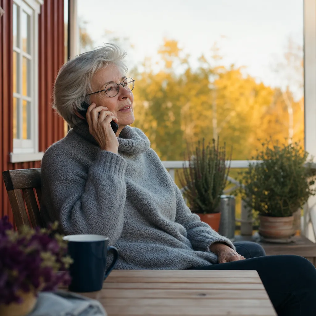 Äldre kvinna på en veranda på landsbygden pratar i mobilen med god mottagning