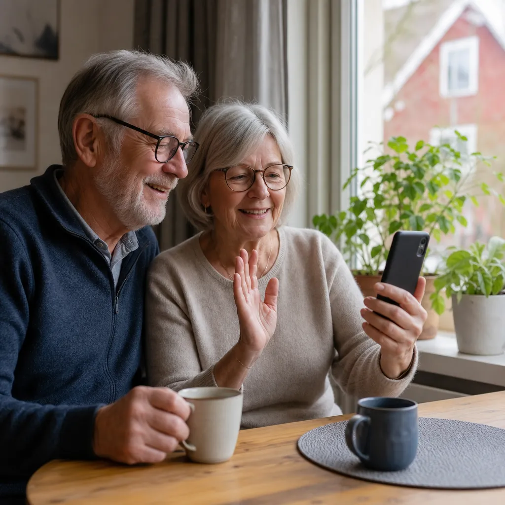 Äldre par i stadsmiljö som videosamtalar på mobilen via Tres snabba 5G