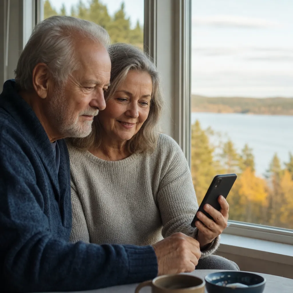 Äldre par tittar tillsammans på en smartphone vid fönstret