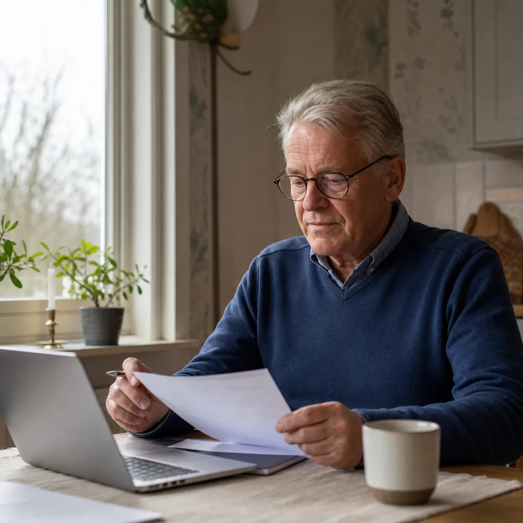 Pensionär som lugnt säger upp sitt mobilabonnemang vid köksbordet