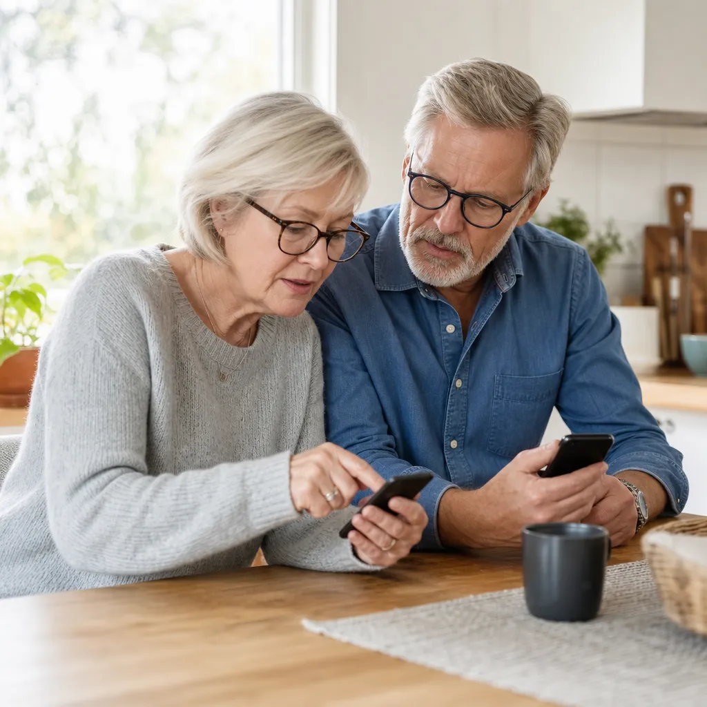Äldre par jämför seniorabonnemang på en smartphone vid köksbordet