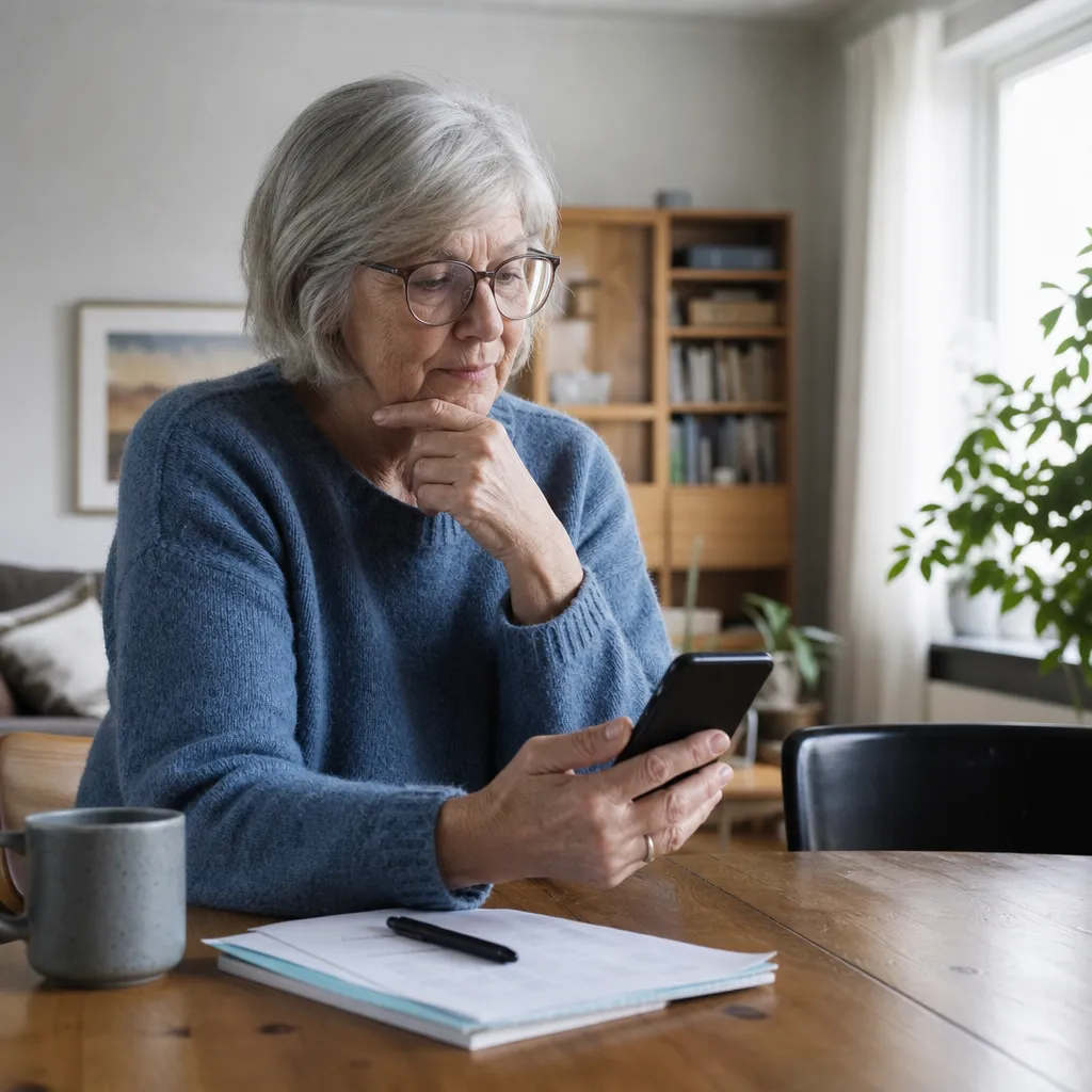 En senior jämför lugnt seniorrabatter på mobilabonnemang vid köksbordet