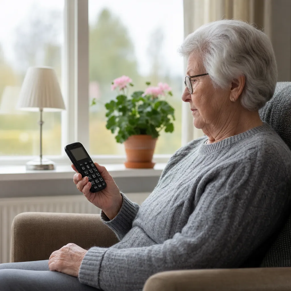 Äldre person som håller en enkel mobiltelefon med stora knappar