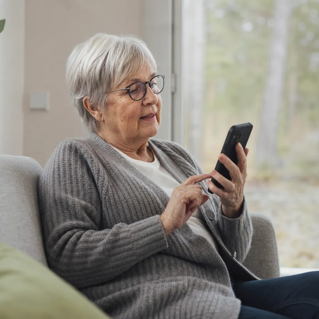 Senior som läser stor text på en mobilskärm i lugnt nordiskt ljus