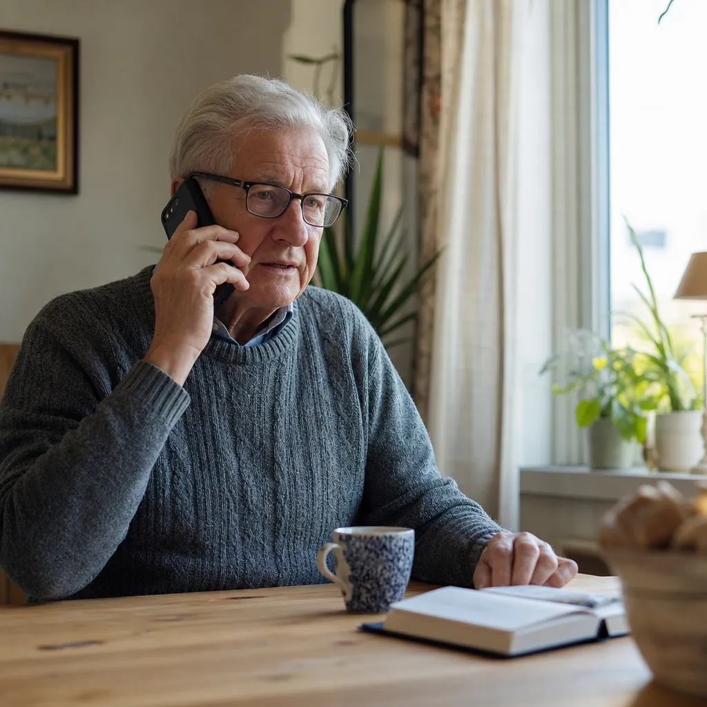 En äldre person ringer ett vanligt samtal med mobilen