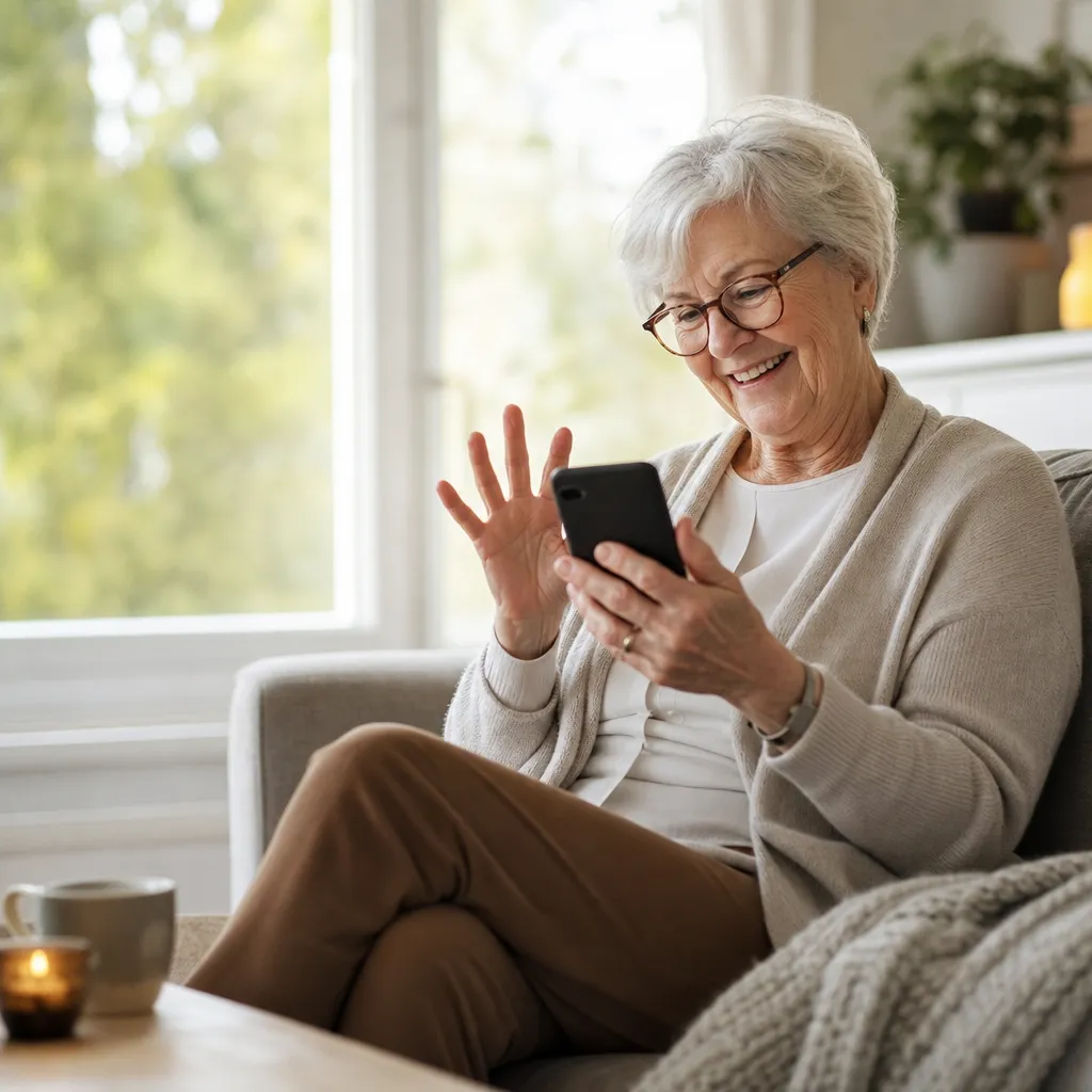 En senior har videosamtal med barnbarnen och tittar på Facebook i mobilen