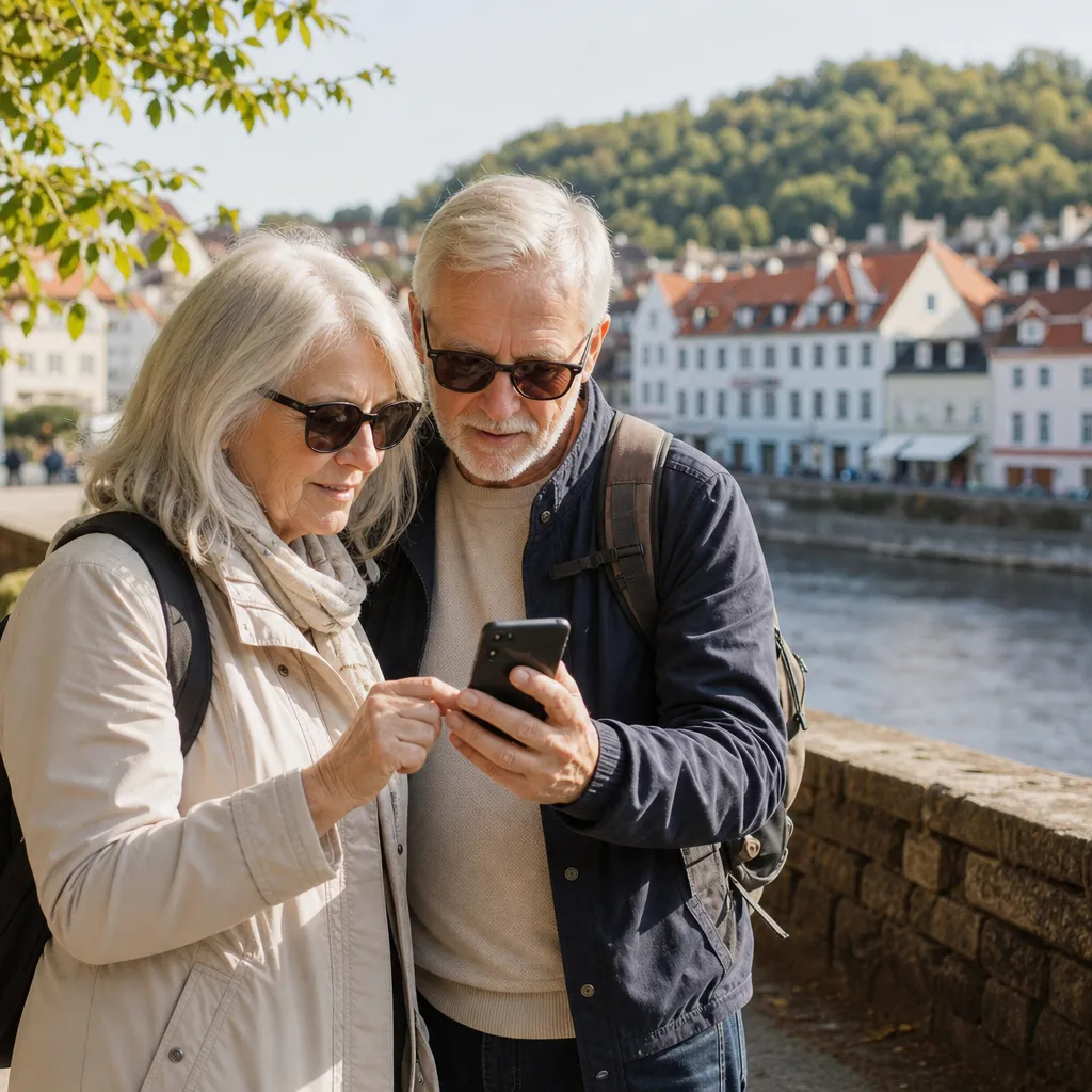 Ett pensionärspar använder mobilen för kartor på en resa i Europa
