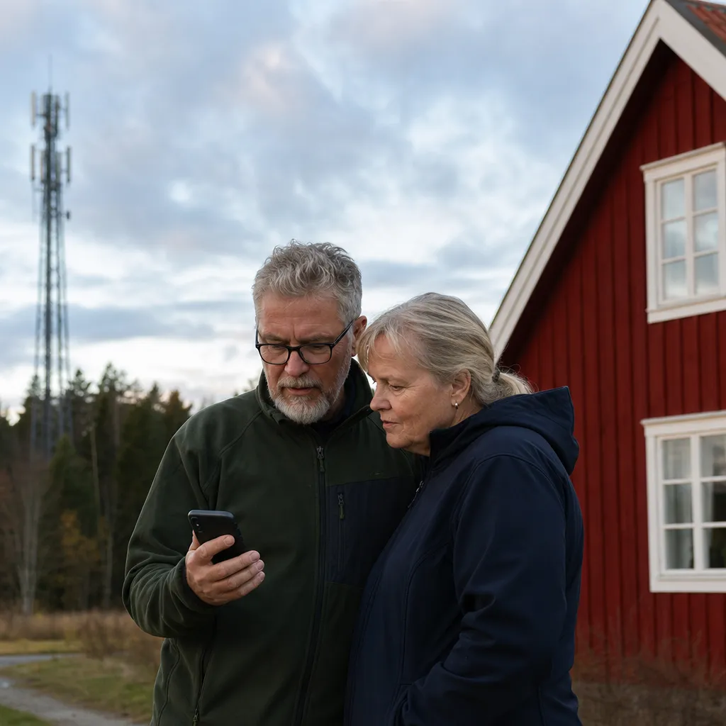 Äldre par tittar på en täckningskarta i mobilen vid sitt hus på landet