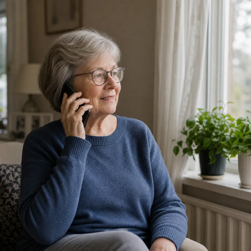 En pensionär ringer ett samtal i lugn hemmiljö