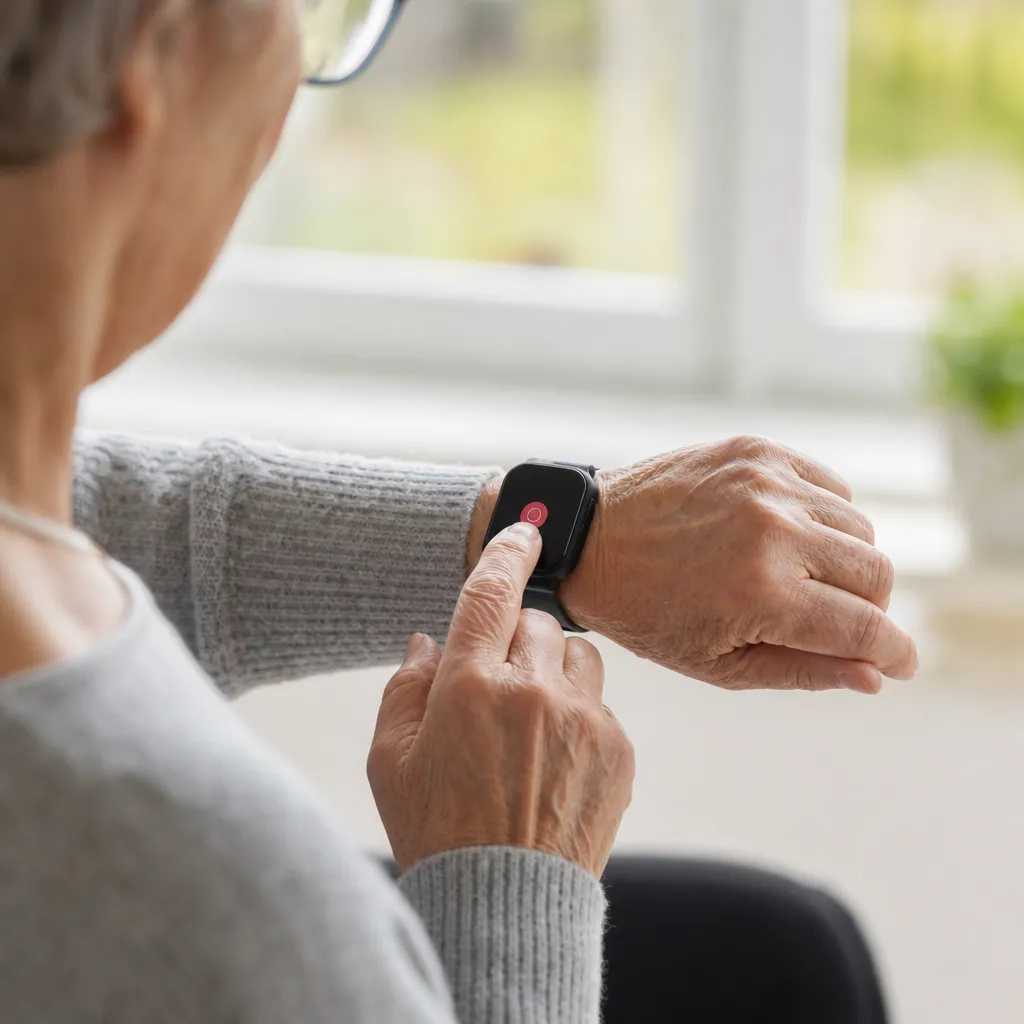 Smartklocka med larm och GPS på en äldre persons handled
