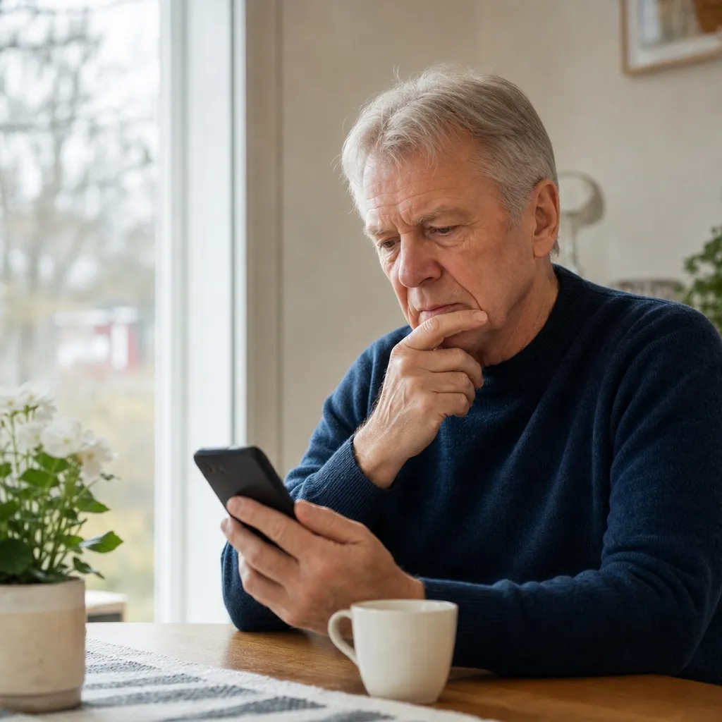 Senior granskar ett misstänkt bluff-sms lugnt på mobilen