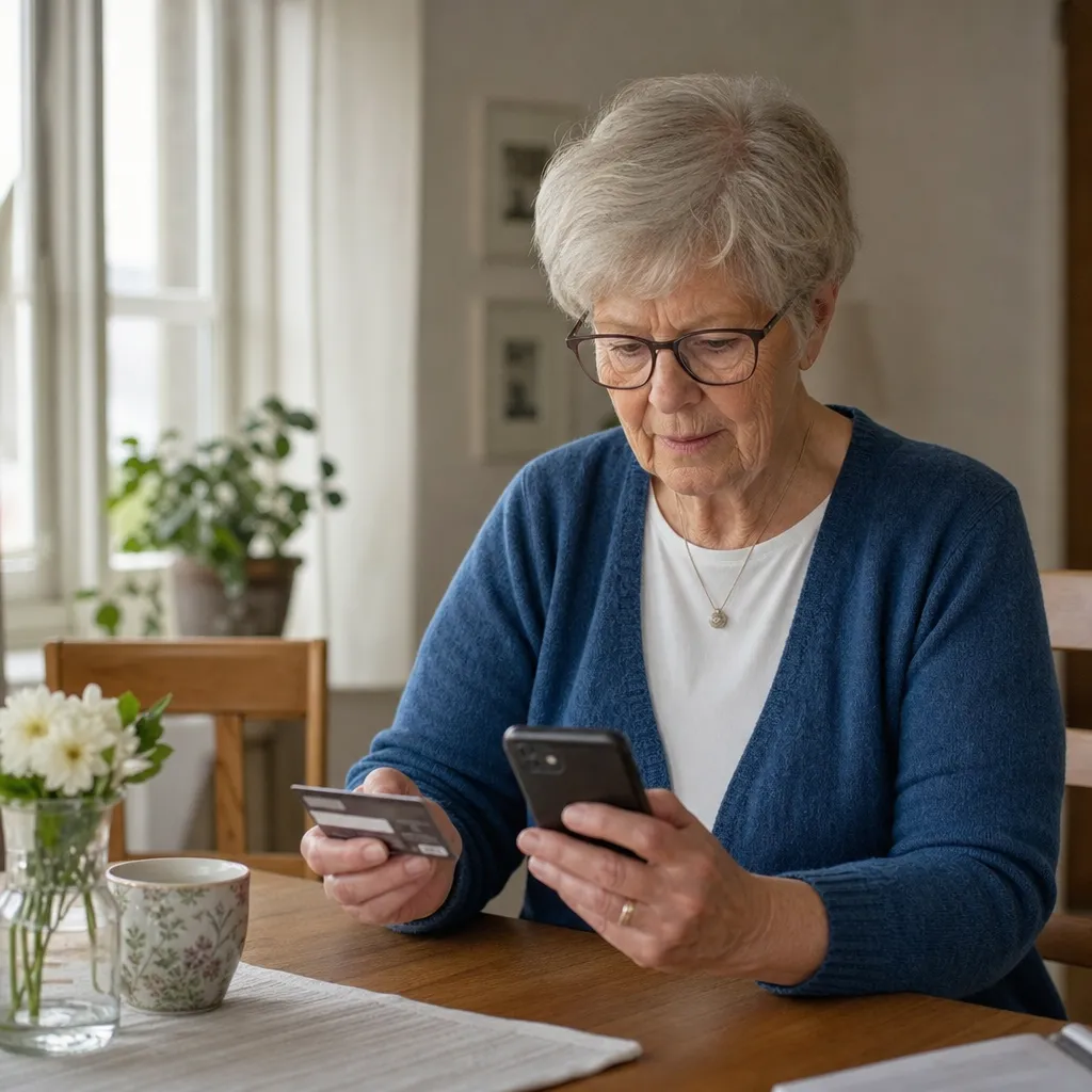En pensionär betalar tryggt sitt mobilabonnemang med bankkort vid köksbordet